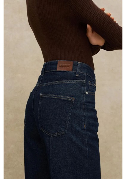 Kadın Geniş Paça Raw Kot Pantolon Koyu Mavi Denim