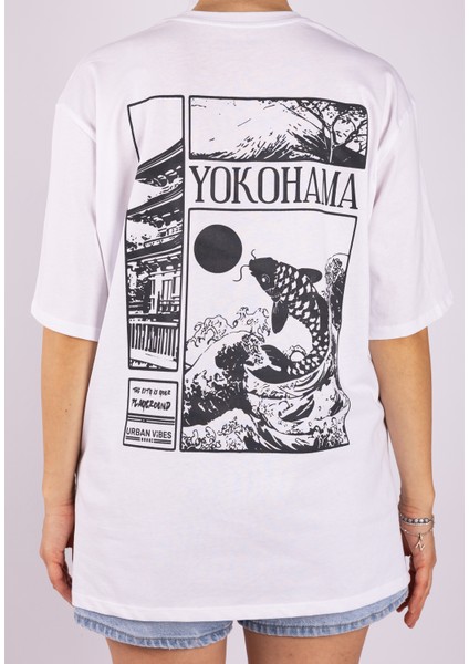Unisex Oversize Yokohama Grafik Beyaz Tişört