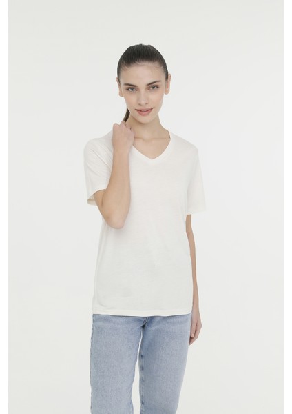 Wb V Vıskon 11Mdk205 4Fx Ekru Kadın Kısa Kol T-Shirt