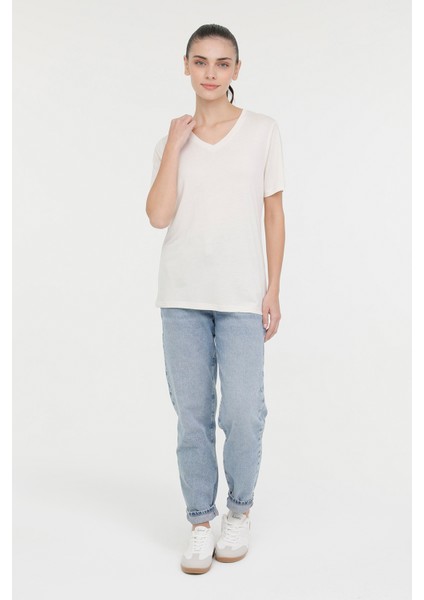 Wb V Vıskon 11Mdk205 4Fx Ekru Kadın Kısa Kol T-Shirt