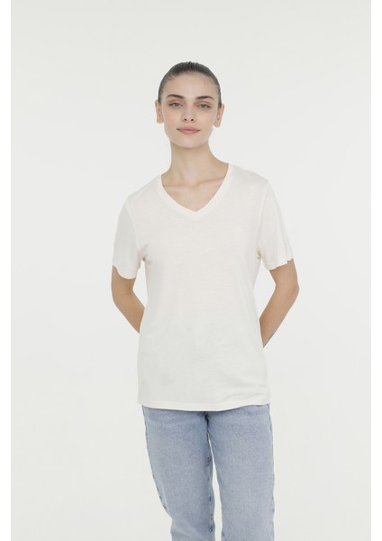 Wb V Vıskon 11Mdk205 4Fx Ekru Kadın Kısa Kol T-Shirt