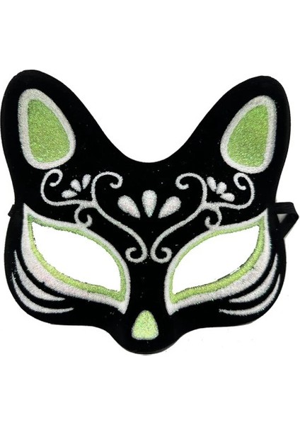 Siyah Süet Kaplama Gümüş Yeşil Simli Kedi Maskesi