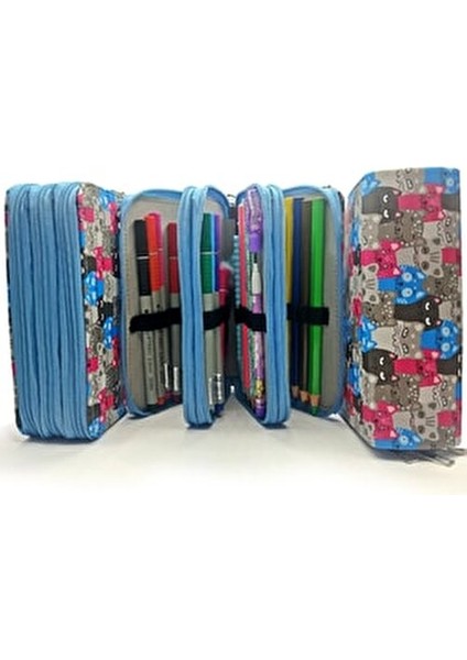 Kalem Kutusu Sevimli Kedi Desenli Fiber Deri Jumbo Boy 3 Bölmeli Mavi Organizer