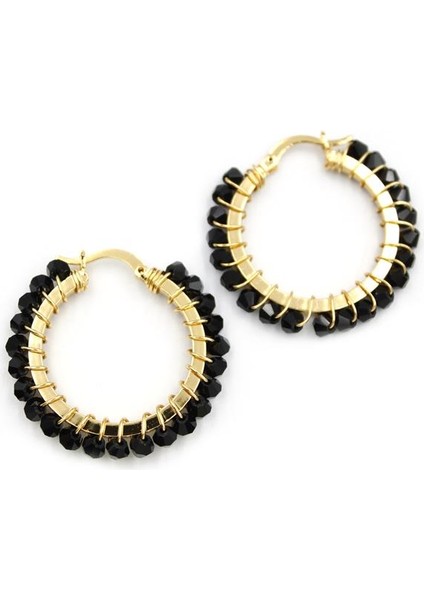 Kristal Boncuk Halka Küpe - Siyah fiyatları