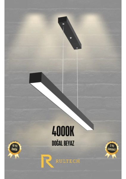 Lineer 60 cm Siyah Kasa Sıcak Beyaz Işık - 4000 K Ledli Sarkıt Modern Avize - Salon, Mutfak, Masa Üstü