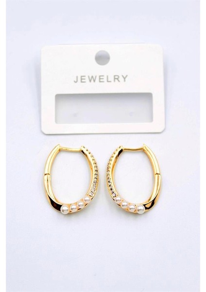 Incili Taşlı Halka Küpe - Altın