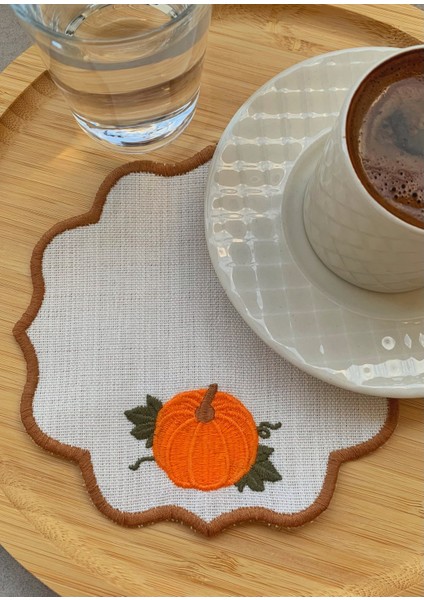 Balkabağı Nakışlı Kahve Sunum Peçetesi, 6'lı Set, Sonbahar Konsept Özel Tasarım fiyatları