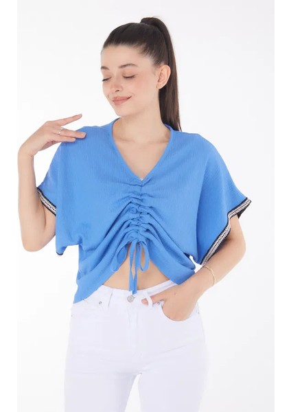 V Yaka Büzgülü Detaylı Bluz indirimleri