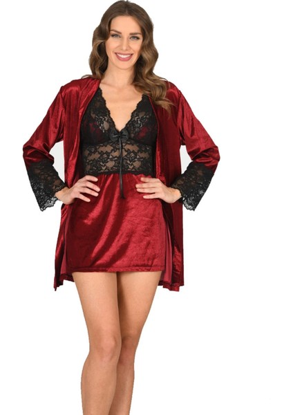 Bordo Kadife Sabahlık &amp; Gecelik Takım 2' Li