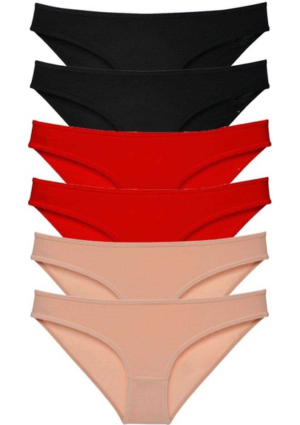6 Adet Süper Eko Set Likralı Kadın Slip Külot Siyah Kırmızı Ten