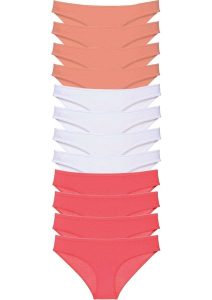 12 Adet Süper Eko Set Likralı Kadın Slip Külot Pudra Beyaz Fuşya