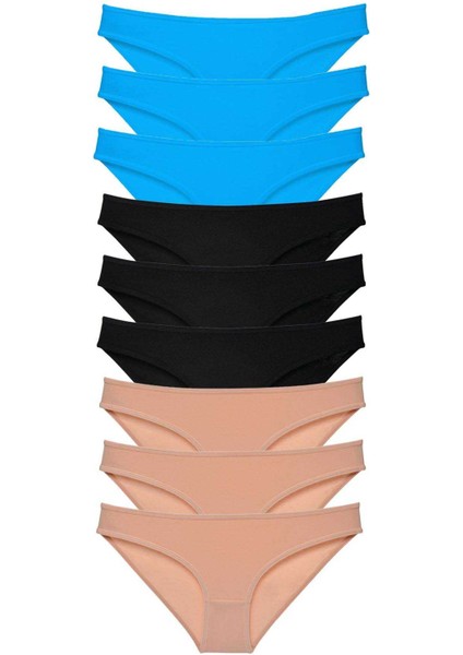9 Adet Süper Eko Set Likralı Kadın Slip Külot Siyah Ten Mavi