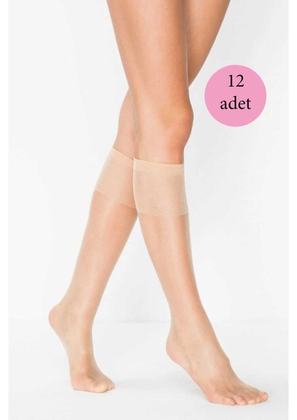 12 Adet Kadın Diz Altı Parlak Fit 15 Denye Çorap Açık Ten