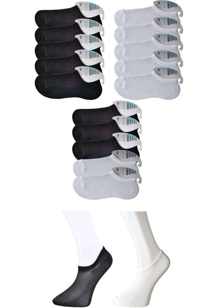 Siyah ve Beyaz Erkek Görünmez Çorap 15 Çift