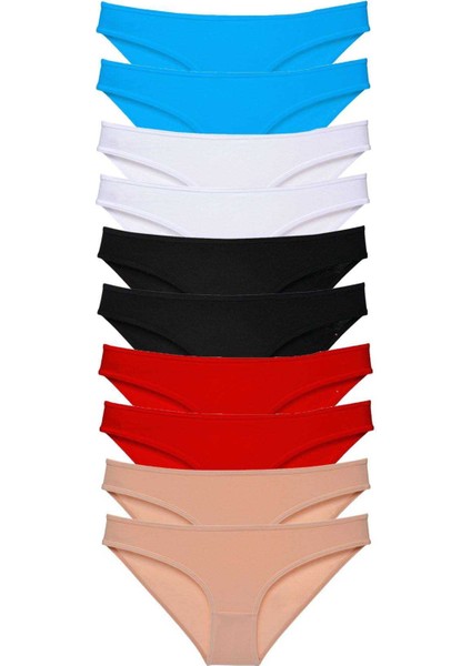 10 Adet Süper Eko Set Likralı Kadın Slip Siyah Kırmızı Ten Beyaz Mavi