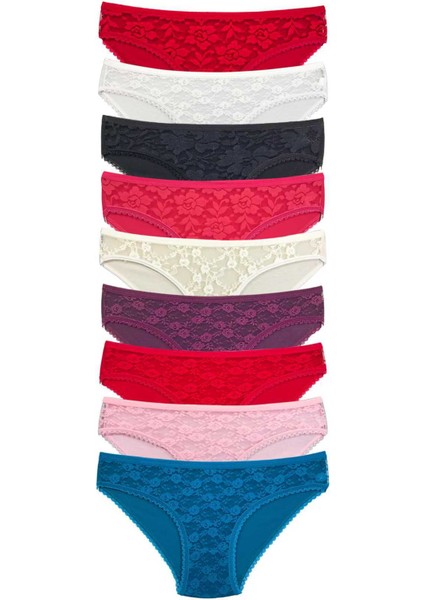 9 Adet Önü Dantelli Transparan Kadın Slip Külot S119