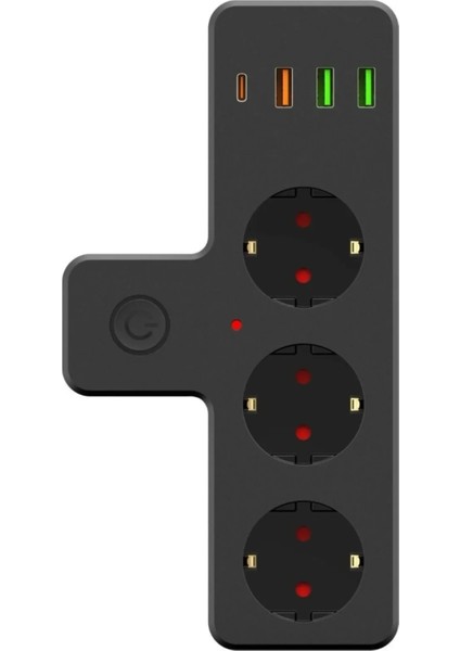 Akım Korumalı 3 X USB 1 X Type-C Girişli 3'lü Priz Uzatma Kablosu