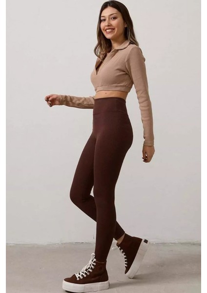 Kahverengi Yüksek Bel Fitilli Kadın Tayt Yazlık 2001 modelleri