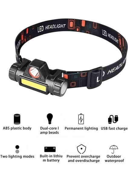 CT-9120 Mir Kafa Lambası 200LM Fener LED USB Akkülü Şarjlı Su Geçirmez Cob Dağ Gece Balıkçılık