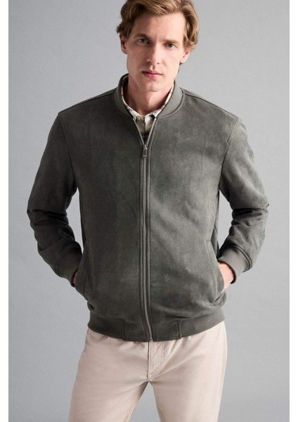 Slim Fit Dar Kesim Süet Kolej Yaka Fermuarlı Çift Cepli Mevsimlik Baharlık Bomber Mont Ceket A3866AX25AU