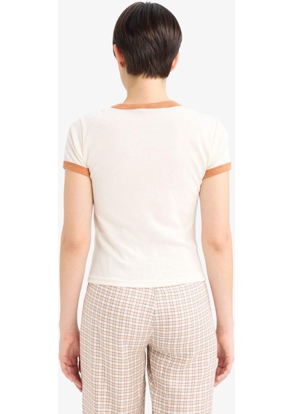 Fitted Bisiklet Yaka Baskılı Kısa Kollu Ribana Üst-Fall in Love indirimleri