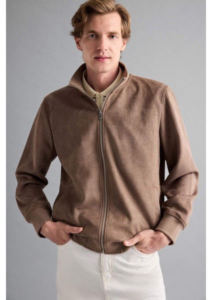 Slim Fit Dar Kesim Dik Yaka Astarlı Fermuarlı Cepli Süet Mevsimlik Baharlık Mont D1524AX25AU