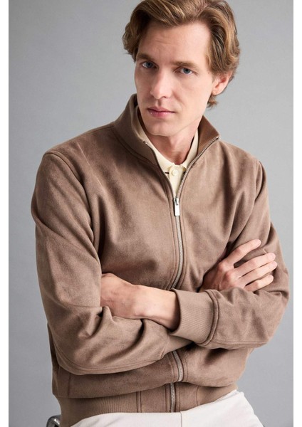 Slim Fit Dar Kesim Dik Yaka Astarlı Fermuarlı Cepli Süet Mevsimlik Baharlık Mont D1524AX25AU modelleri