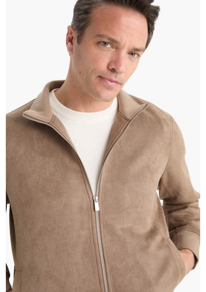 Slim Fit Dar Kesim Dik Yaka Astarlı Fermuarlı Cepli Süet Mevsimlik Baharlık Mont D1524AX25AU