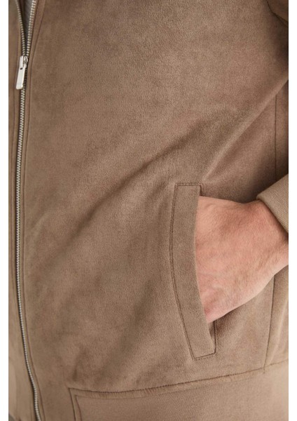 Slim Fit Dar Kesim Dik Yaka Astarlı Fermuarlı Cepli Süet Mevsimlik Baharlık Mont D1524AX25AU