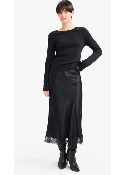 A Kesim Normal Bel Saten Midi Etek