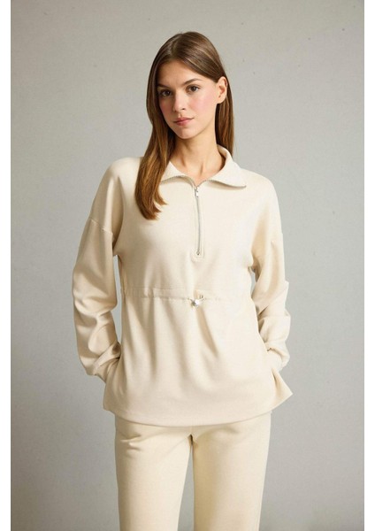 Polo Yaka Beli Lastikli Yarım Fermuarlı Modal Sweatshirt G2922AX25AU