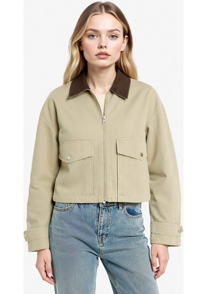 Regular Fit Kontrast Yakalı Fermuarlı Cepli Crop Mont E8598AX25AU