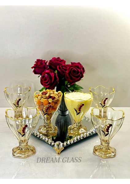 6 Kişilik Yaldızlı Lale Detaylı Bal Renkli Çerezlik & Magnolyalık Takımı