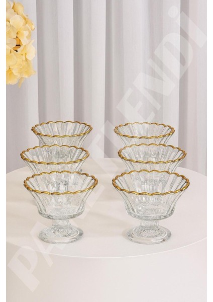 El Yapımı Manolya Gold 6' Lı Ayaklı Cam Şekerlik, Lokumluk, Sunumluk