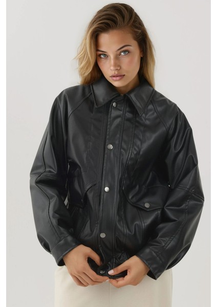 Kadın Cep Detaylı Oversized Suni Deri Ceket Black
