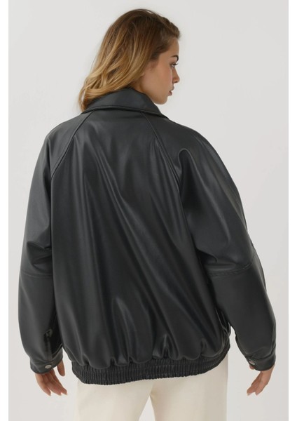 Kadın Cep Detaylı Oversized Suni Deri Ceket Black fiyatları