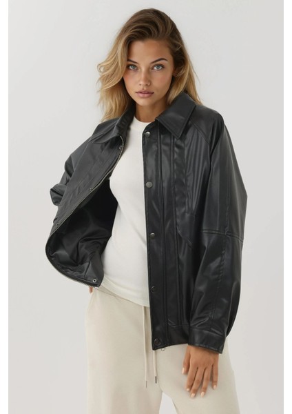 Kadın Cep Detaylı Oversized Suni Deri Ceket Black modelleri