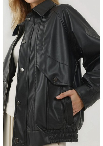 Kadın Cep Detaylı Oversized Suni Deri Ceket Black fırsatları