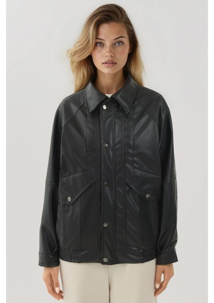 Kadın Cep Detaylı Oversized Suni Deri Ceket Black indirimleri