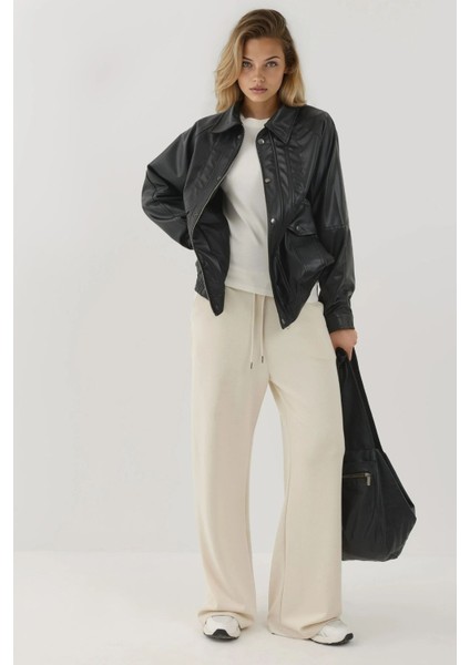 Kadın Cep Detaylı Oversized Suni Deri Ceket Black