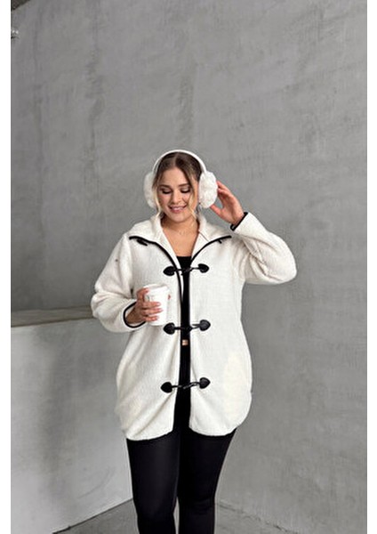 Büyük Beden Önü Kapamalı Cepli Uzun Kollu Peluş Mont 301816