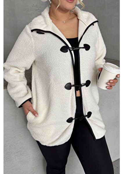 Büyük Beden Önü Kapamalı Cepli Uzun Kollu Peluş Mont 301816