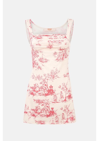 Kadın Kolsuz Baskılı Mini Elbise Pink