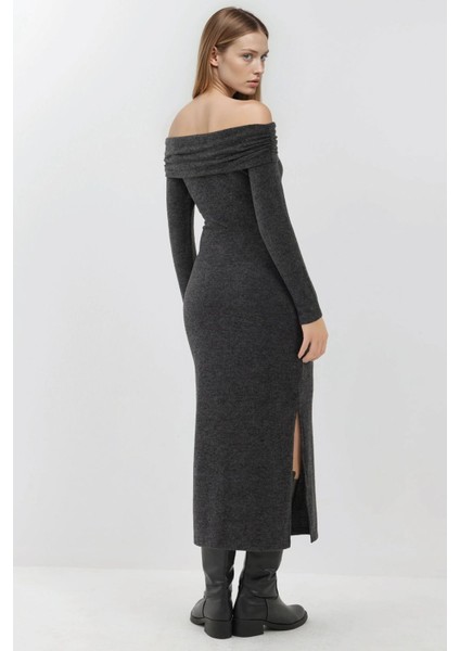 Kadın Yırtmaçlı Yumuşak Dokulu Straplez Midi Elbise Busem Collection Grey fırsatları