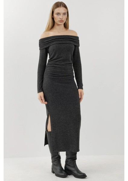 Kadın Yırtmaçlı Yumuşak Dokulu Straplez Midi Elbise Busem Collection Grey indirimleri