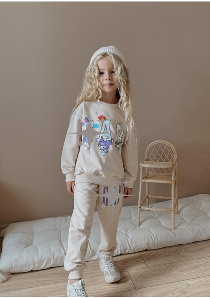 Kuromi Çicek Işlemeli Baskılı 2 Iplik Sweatshirt-Eşofman Altı Mevsimlik Kız Çocuk Takım