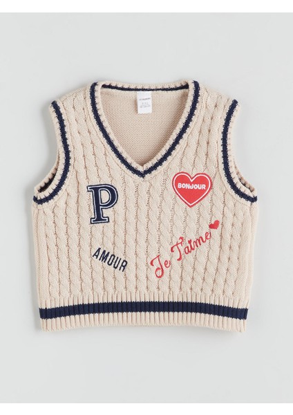 Yeni Sezon V Yaka Desenli Kız Çocuk Triko Süveter