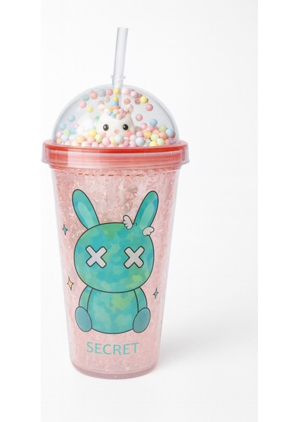 Kristal Efektli Tasarım Pipetli Bardak Sevimli Bunny Tavşan Figürlü Renkli Boncuklu Suluk Pembe 2087 modelleri