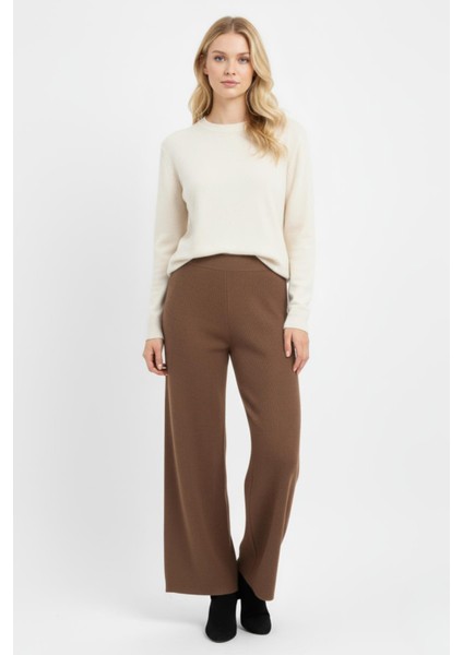 23274 Geniş Paça Triko Pantolon Koyu Bej