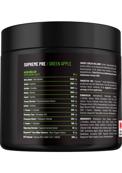 PRE-WORKOUT SUPREME Yeşil Elma - 280g x 2 Adet fiyatları